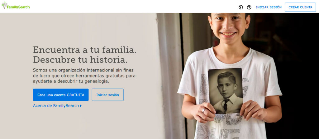 El sitio de FamilySearch para iniciar la búsqueda genealógica.